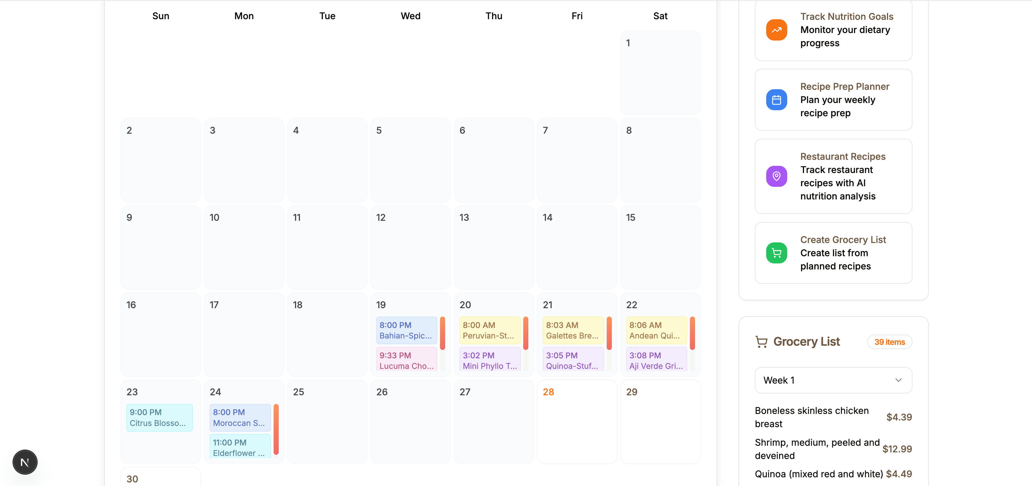 Recipe Plan Calendar